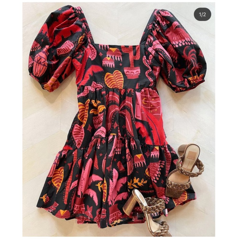 Farm Rio Black and Pink Print Dress